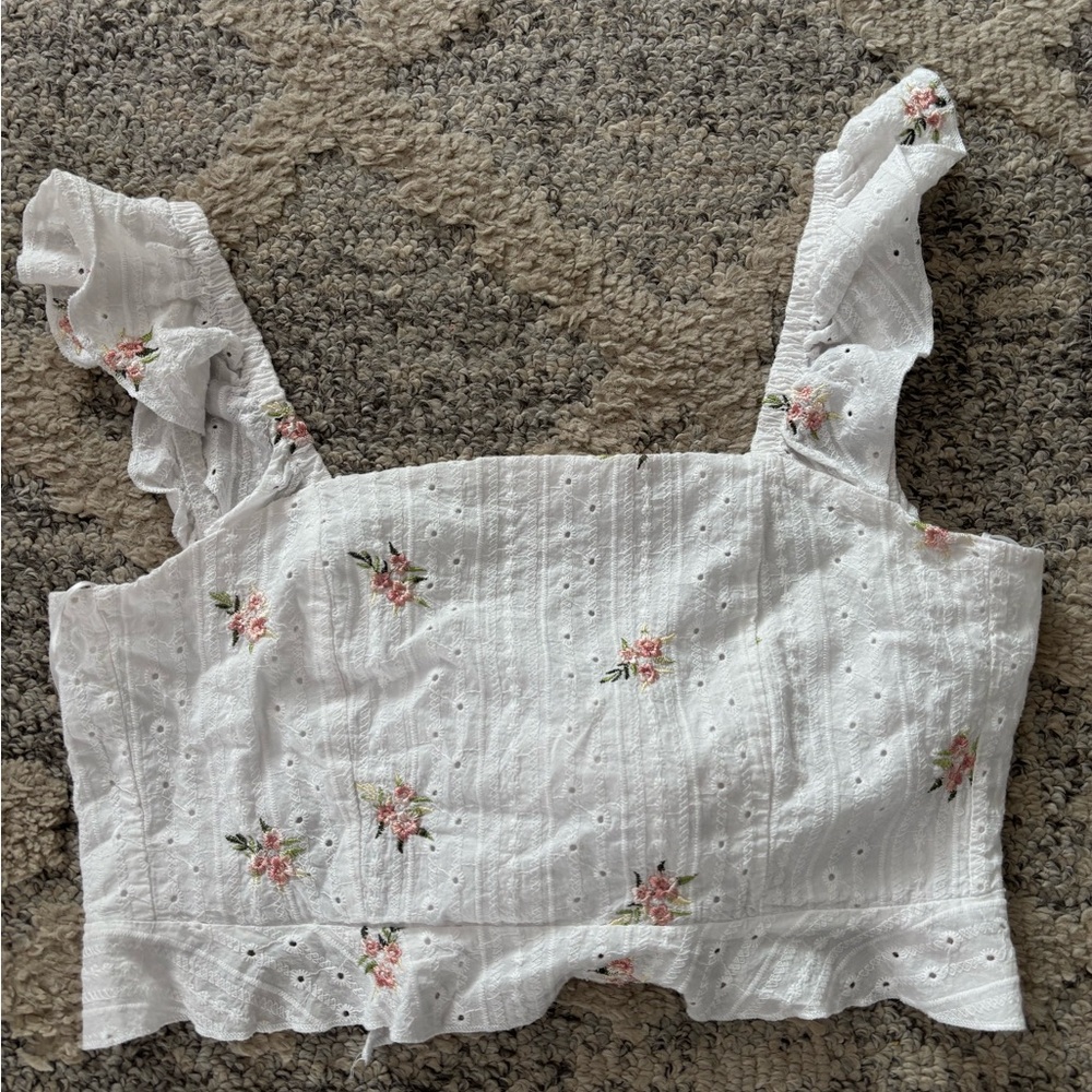 Adorable Floral Embroidered White Crop Top with back tie